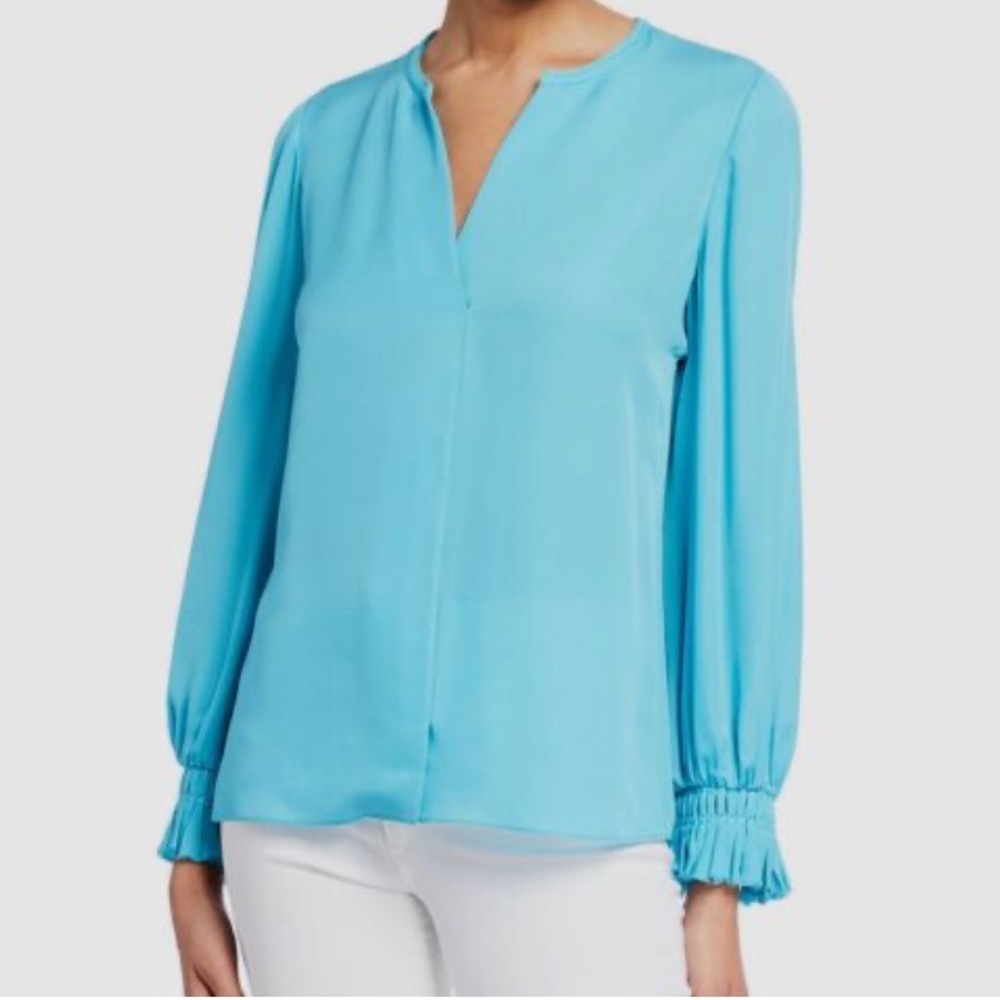 Kobi Halperin Silk Miley V Neck Ruffle Sleeved Blouse Aqua Size XXL